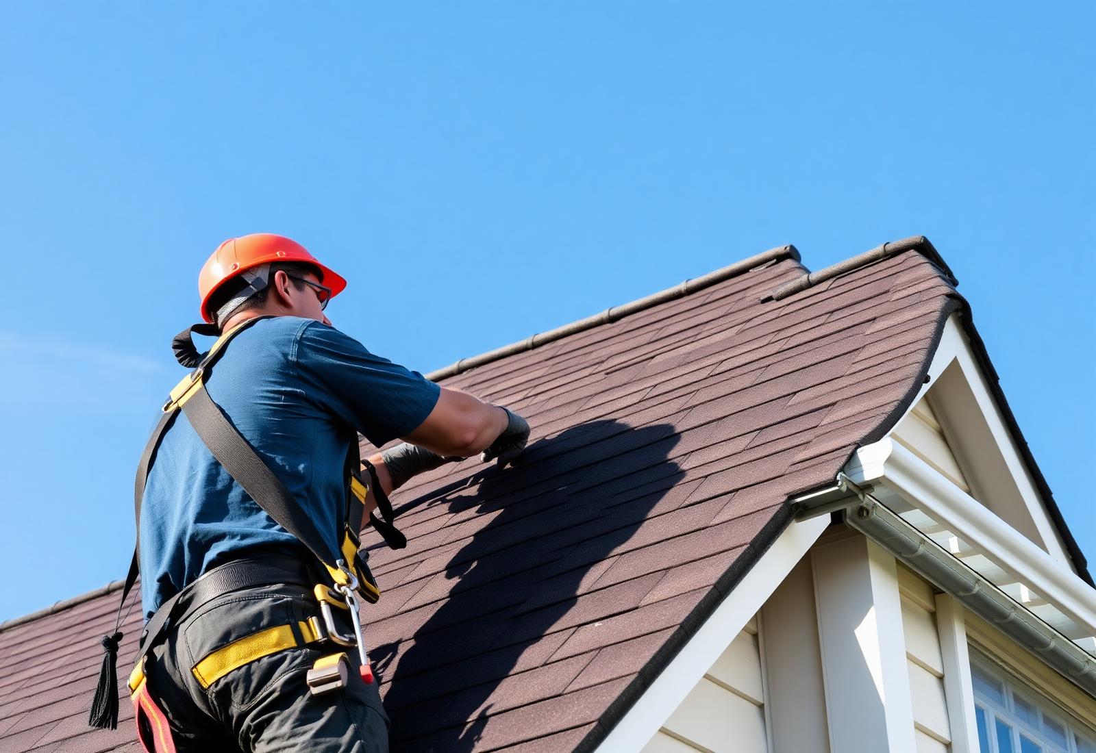 Roofer installing shingles